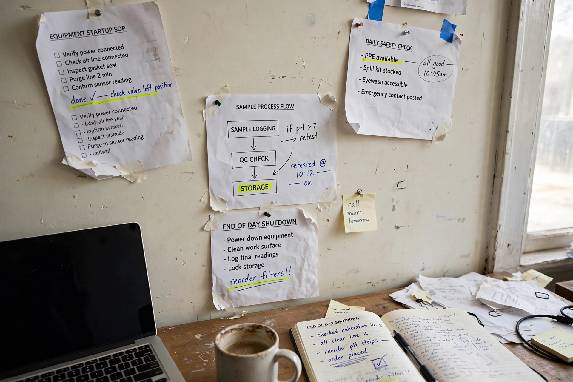Printed checklists and workflow sheets pinned to an office wall above a desk