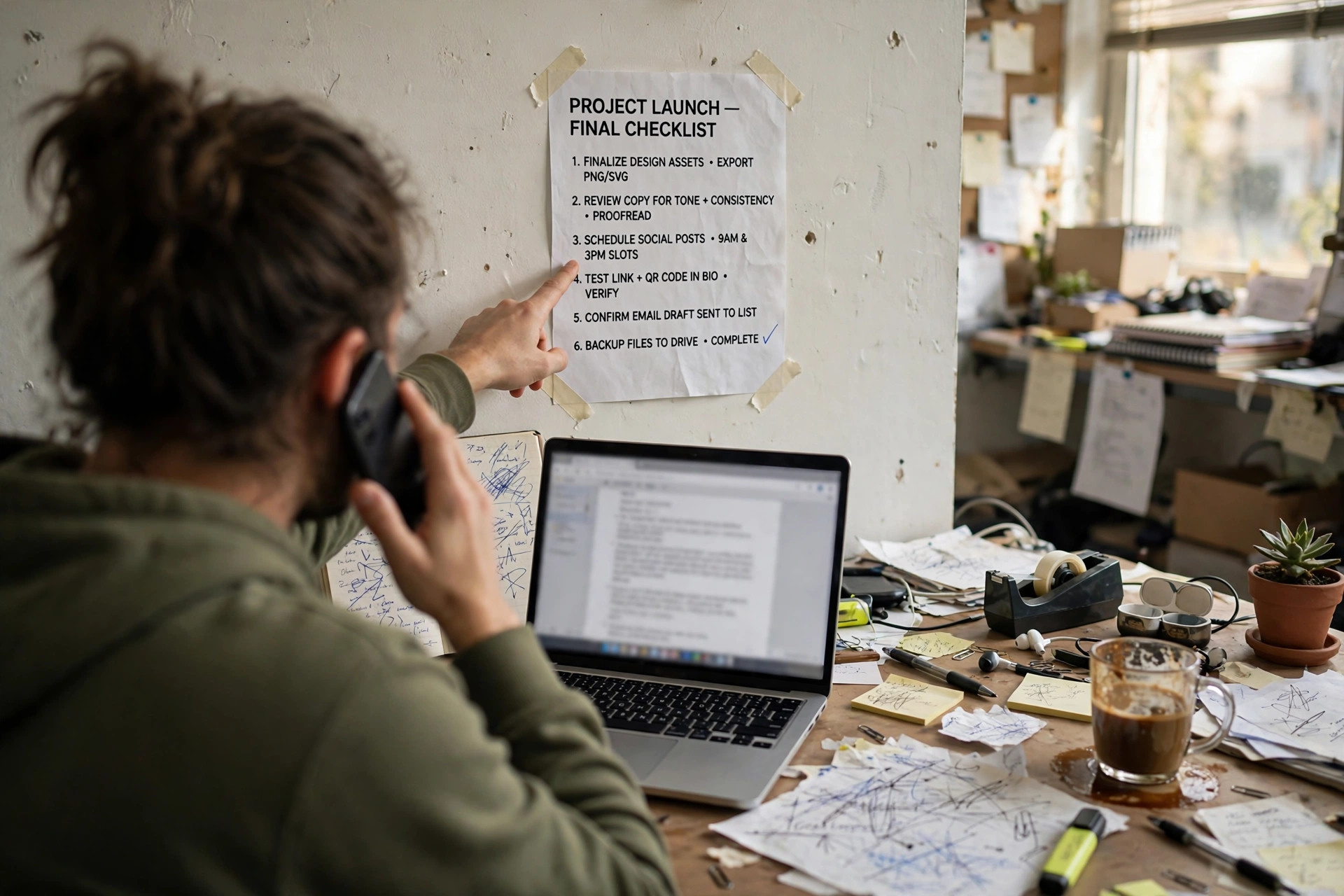 A process being talked through beside a printed checklist on a wall